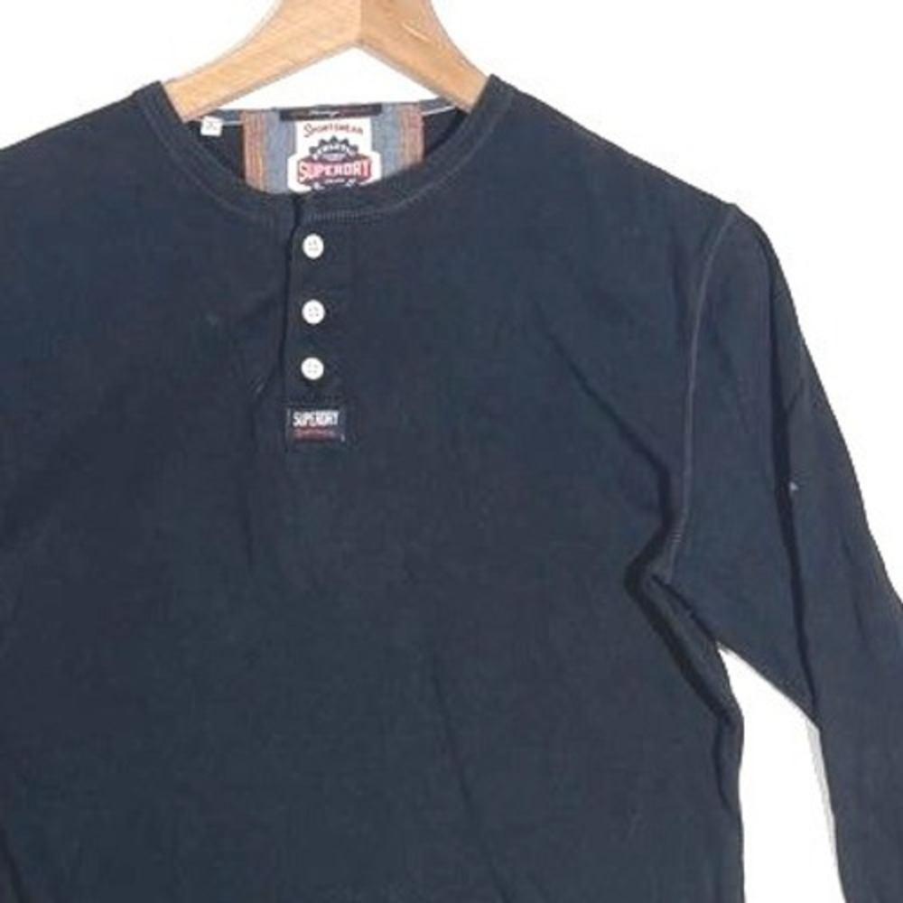 Superdry Long Sleeve Mens Medium Henley T-Shirt Black Athletic Sportswear Cotton